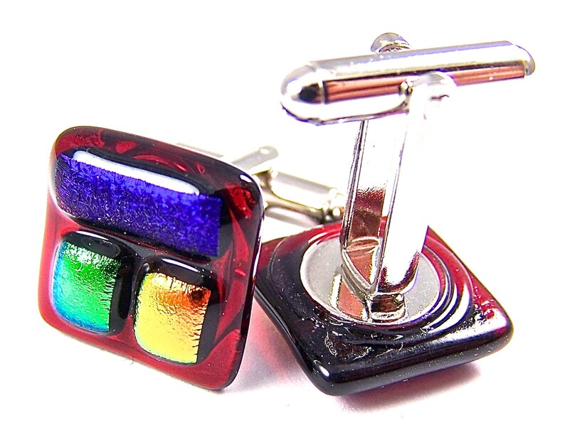 Mens Formal Wear Cuff Links Dichroic Glass 12 15mm Red Blue Sapphire Green Orange Dichro Squares Patchwork Patterned Fused Glass