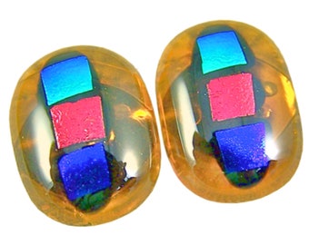 Dichroic Glass Earrings - Golden Amber Blue Emerald Green Copper Orange Polka Dots Stained Glass Fused - Gemstone Post or Clip - 1/2" 12mm