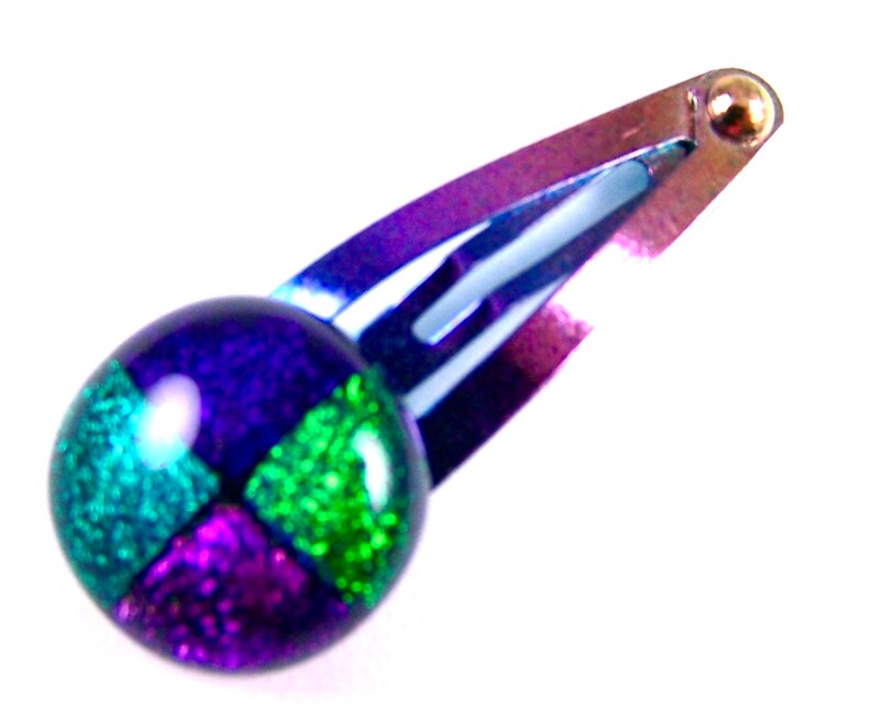 Dichroic Glass Hair Clip 12 12mm Blue Cobalt Green Teal Verdigris Purple Geometric Patterned Patchwork Round Fused Glass Metal Snap Clip