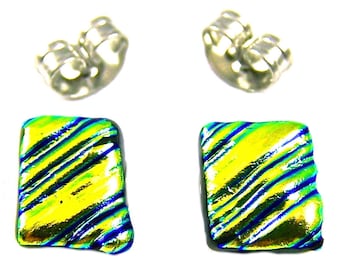Dichroic Glass Earrings Post - 1/4" 8mm - Yellow Gold Golden Green Striped Wavy Ripple Fused Glass Surgical Steel Post Glass Tiny Earrings