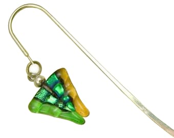 Marque-page en verre dichroïque - Triangles vert citron vert sarcelle et ambre doré jaune, verre fusionné / Marqueur de livre crochet berger argenté, marqueur de page