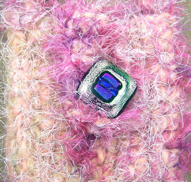 Dichroic Glass Clasp Jewelry can be removed and worn as jewelry Pin pendant Tiny Wool Purse Crochet Pretty Pastel Pink Fuzzy Fluffy