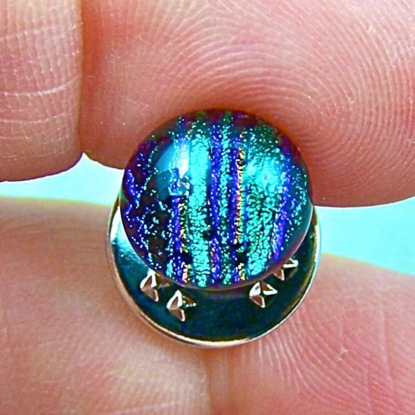 Dichroic Glass Tiny Tie Tack Pinch Pin - 1/4" 8mm - Emerald Green Teal Verdigris Viridian Blue Reed Striped Fused Glass Round Dot Flair Pin