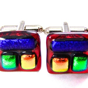 Boutons de manchette en verre dichroïque - Carrés dichroïques rouge, bleu, saphir, vert, orange, motif patchwork en verre fusionné - Vêtements de cérémonie pour hommes - 12 mm