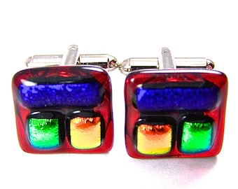 Boutons de manchette en verre dichroïque - Carrés dichroïques rouge, bleu, saphir, vert, orange, motif patchwork en verre fusionné - Vêtements de cérémonie pour hommes - 12 mm
