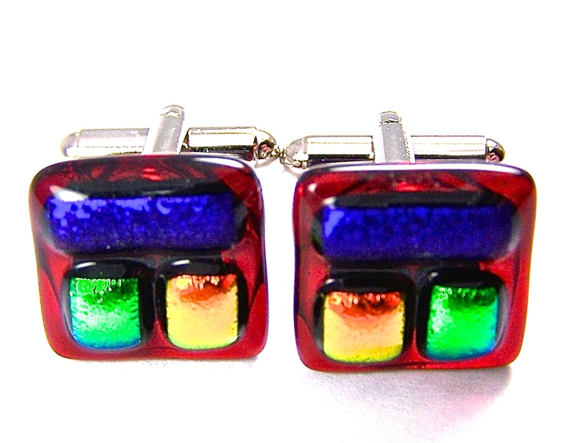 Mens Formal Wear Cuff Links Dichroic Glass 12 15mm Red Blue Sapphire Green Orange Dichro Squares Patchwork Patterned Fused Glass