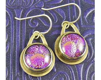 Hot Pink Dichroic Glass Earrings - Post Studs - Magenta Golden Pink Polka Dot Patterned Fused Glass & Sterling Silver Dangle - 1/2 Inch 12mm