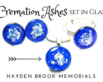 Dichroic Glass Memorial Jewelry Set Options Pet Cremation Ashes - Custom Made - Ring Earrings Pendant Flair Pin Bracelet -Color Size Options