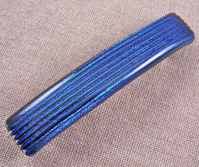 3.5 90mm Blue Sapphire Cobalt Striped Patterned Lines Reed Fused Glass Metallic Iridescent Slide Hair Clip Dichroic Glass Barrette