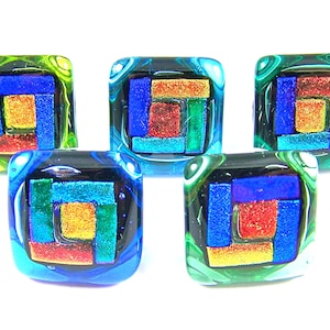 Dichroic Glass Knobs - Cabinet or Drawer Pull Handle - Arts and Crafts Geometric Log Cabin 1" / 25mm Blue Gold Copper Green - Custom Made