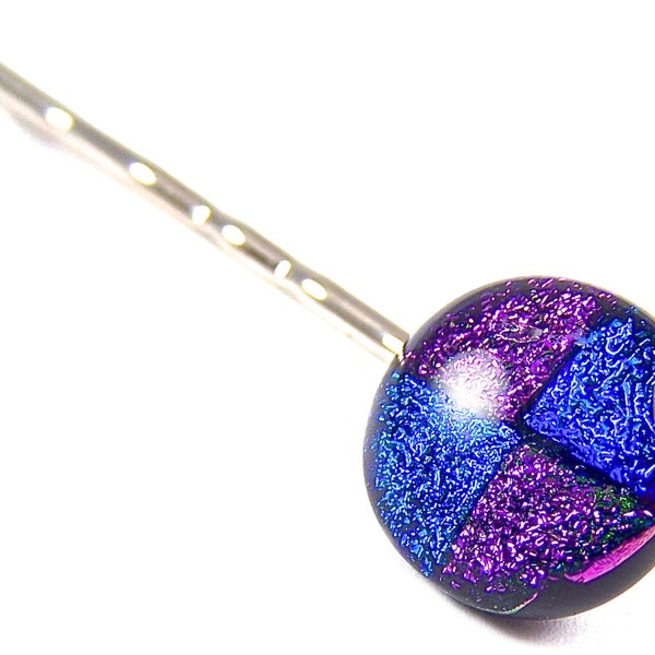 Dichroic Glass Bobby Pin - Purple Violet Cobalt Blue Round Patchwork Patterned Fused Glass Triangles - 1/2" 12mm Hair Stick Accessories