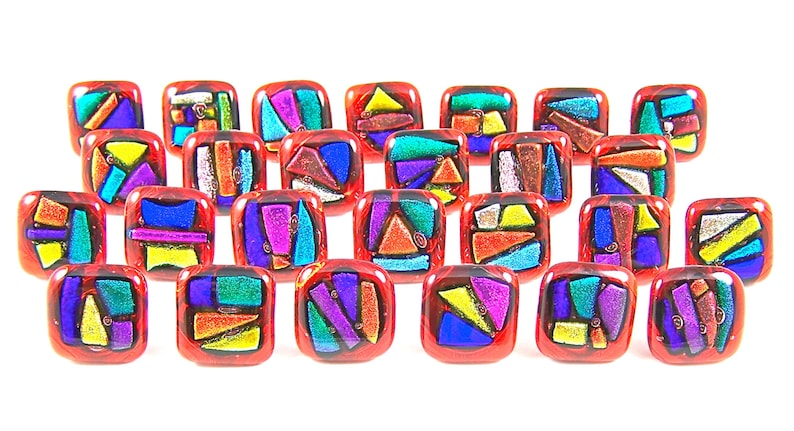 Red Blue Gold Copper Green Set of 5 Dichroic Knobs Abstract Mosaic 1 25mm Cabinet or Drawer Pull Handle Custom Made Fused Glass