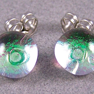 Tiny Dichroic Glass Stud Earrings - 1/4" 8mm Pastel Emerald Teal Green Moonstone Clear Opal Fused Glass Dichro Dot Studs Surgical Steel Post