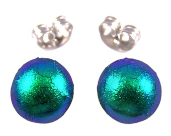 Dichroic Glass Post Earrings - Tiny 1/4" 8mm 7mm - Emerald Green Metallic Jade Solid Polka Dot Round Surgical Steel Hypoallergenic Studs