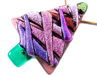 Dichroic Glass Christmas Tree Brooch Pin - Purple Pink Green Fuchsia Recycled Stripes Shards Mosaic Plum Stained Glass Fused Glass 50mm 2"