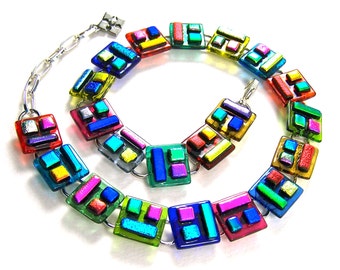 Dichroic Glass Link Necklace - Rainbow Red Blue Gold Green Pink - Upside Down Patchwork - Color Block Geometric Square Rectangle Design