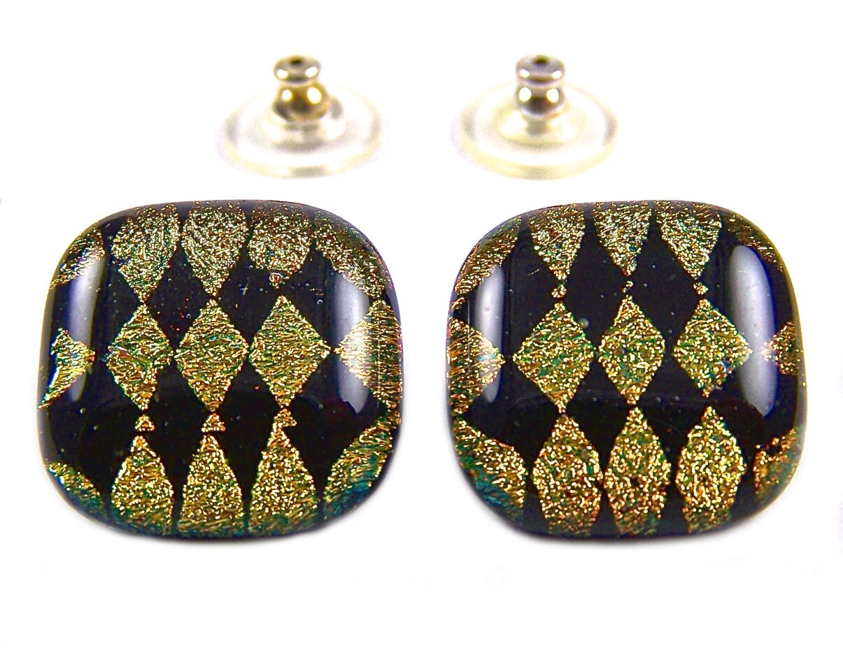 DICHROIC GLASS Earrings Round Emerald Green Teal Striped Post 1/4" 10mm STUDS 
