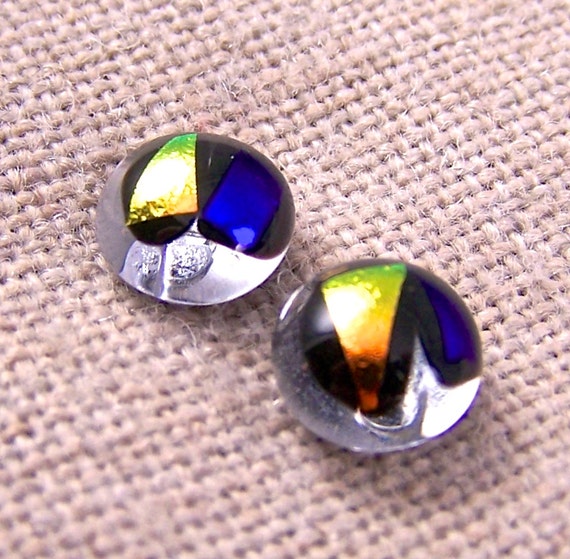 Tiny Dichroic Post Earrings Glass Fused Glass Copper Orange Golden Blue Rainbow Highlights Studs Halo Dot Surgical Steel Post 14 8mm