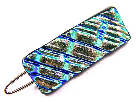 Dichroic glass iridescent hair clip or barrette. Dichroic Glass Hair Barrette - Large 3.5 main image 2