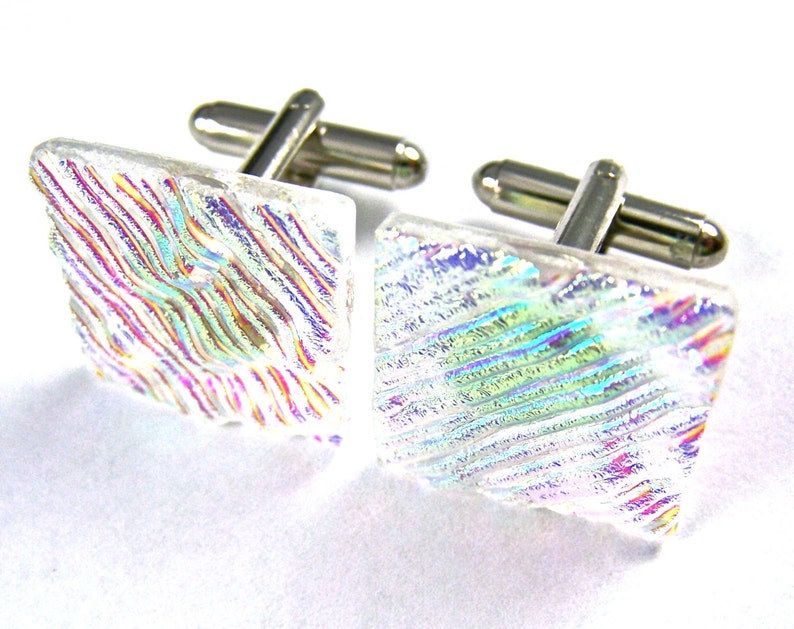 Clear Diamonds /& Ice Fused Glass 34 20mm Square Hints of Pink Blue Green Gold Golden Yellow Ripple Textured Dichroic Cuff Links Glass
