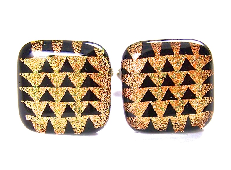 20mm 34 Glass Cuff Links Dichroic Cuff Links Yellow Golden Copper /& Black Triangles Pyramids Patterned Dichro Fused Glass Cufflinks