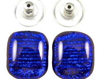 Dichroic Glass Stud Earrings - Blue Purple Stripes Patterned Rounded Square Metallic Fused Glass - 1/2" 12mm - Surgical Steel Post or Clip