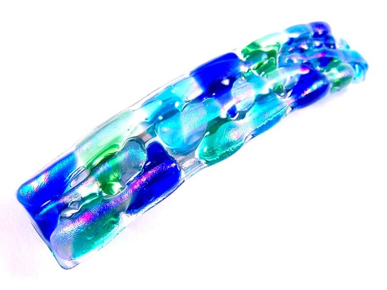 Transparent Iridescent Green Teal Pink Cobalt Blue Turquoise Stained Glass Chunky Rock Candy Large 3.5 90mm Dichroic Glass Barrette