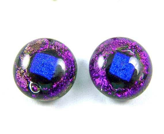DICHROIC Glass Earrings Round Purple Violet Striped Texture Post 1//4/" 10mm STUDS