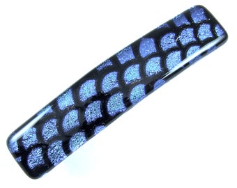 Dichroic Glass Barrette - Small 2.5" / 65mm - Periwinkle Baby Blue Sky Pastel Black Waves Water Fish Scales Arcs Patterned Fused Glass Clip