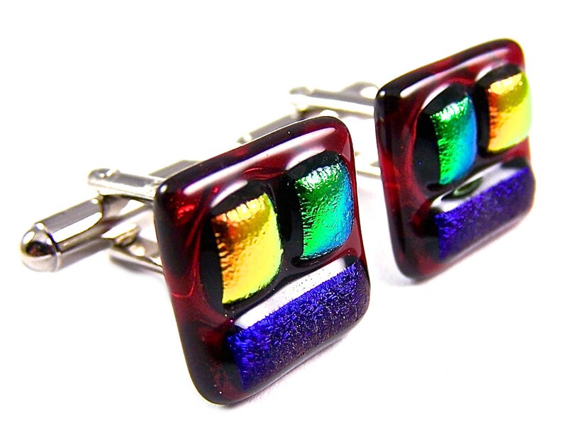 Mens Formal Wear Cuff Links Dichroic Glass 12 15mm Red Blue Sapphire Green Orange Dichro Squares Patchwork Patterned Fused Glass