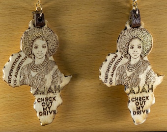 African Queen Wood Earrings, Gold Accent