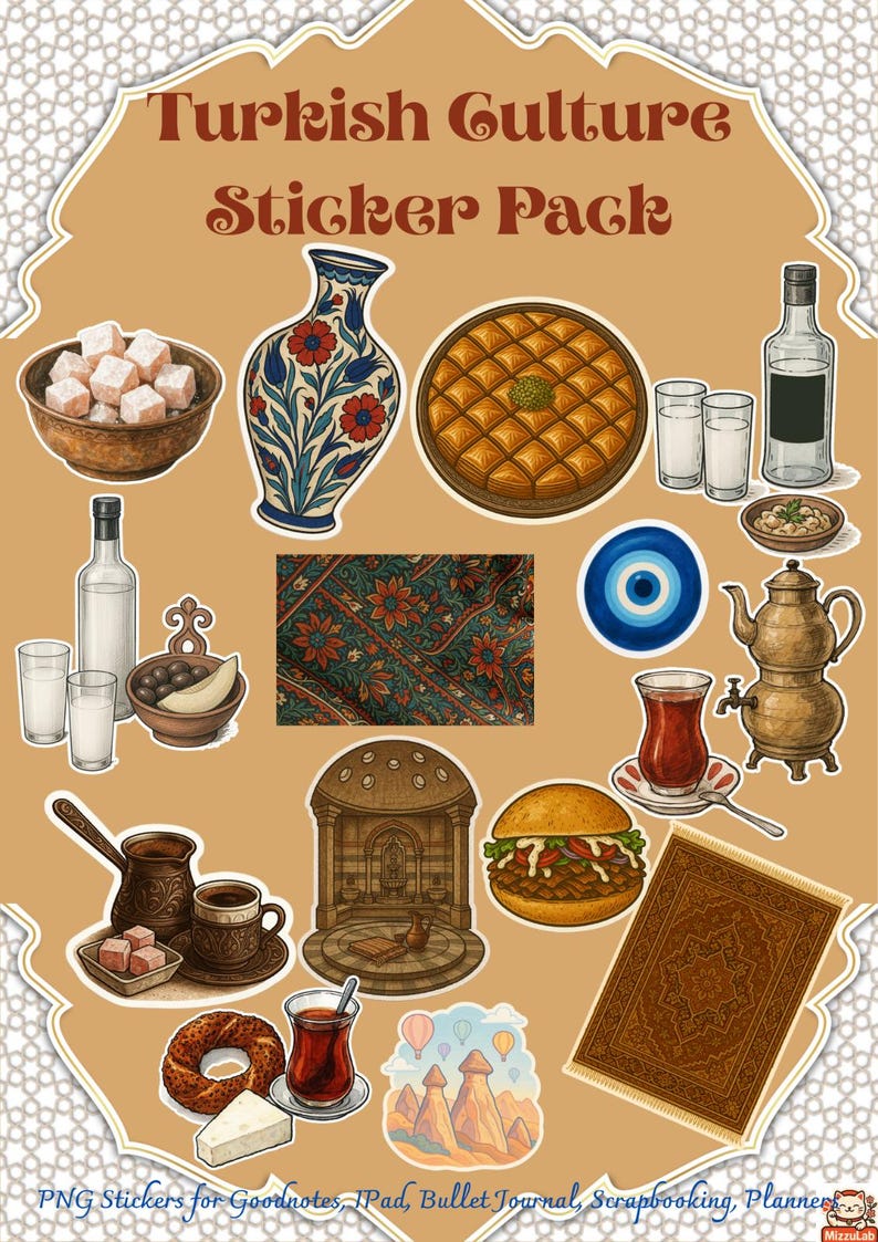 Turkish Culture Sticker Pack – Digital Pngs of Simit, Tea, Evil Eye ...