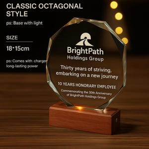 Puede incluir: Un premio de cristal octogonal con base de madera. El premio presenta el texto "BrightPath Holdings Group" y conmemora 10 años de empleados honoríficos. Las dimensiones son 18 x 15 cm.
