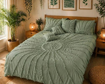 Funda nórdica acolchada verde salvia, juego de ropa de cama estilo boho de algodón con diseño de arco solar.