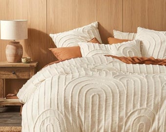 Juego de funda nórdica de algodón con textura: edredón blanco marfil con fundas de almohada, regalos personalizados.