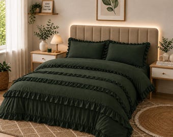 Parure de lit en lin vert forêt – Linge de lit doux et respirant avec taies d'oreiller