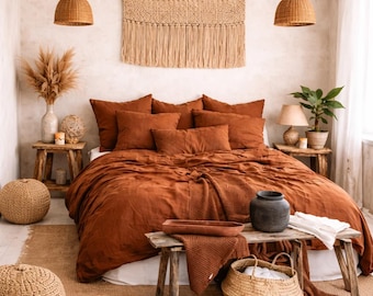 Juego de funda nórdica de lino color tabaco, ropa de cama lavada a la piedra