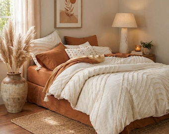 Ensemble housse de couette bohème capitonné en coton, couette ivoire avec taies d'oreiller.