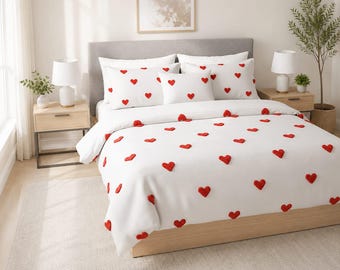 Ensemble housse de couette coeur rouge, literie 100 % coton, tissu bio blanc, décoration de chambre à coucher romantique, parure de lit amour mignon