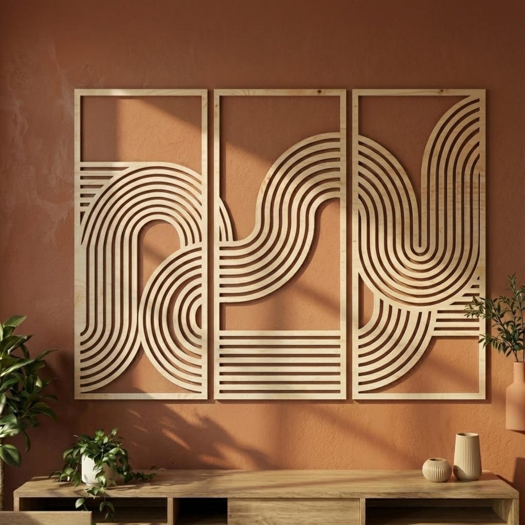 Large Birch Wood Wall Art Set of 3, Bauhaus Geometric Wall Decor, Mid ...