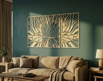 Lotus Flower Wood Wall Art | Sacred Geometry Zen Decor, Set of 3