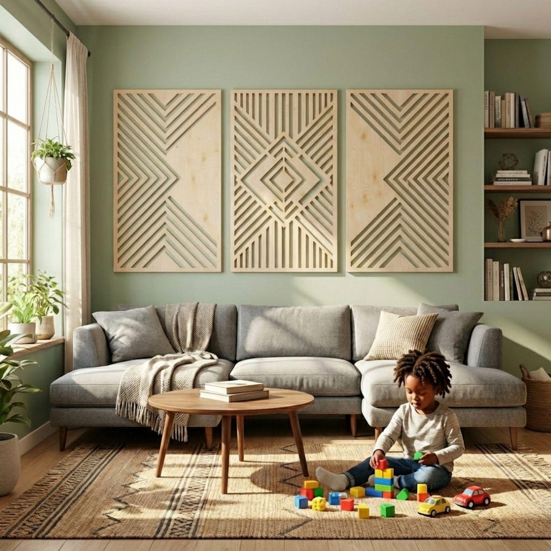 Mid-century Modern Wood Wall Art | Geometric Triptych Panel Set - Etsy