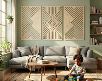 Mid-Century Modern Holz Wand Kunst | Geometrisches Triptychon Panel Set
