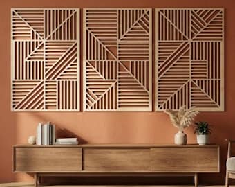 Geometric Wood Wall Art, Laser Cut Birch Triptych, Modern Abstract Decor