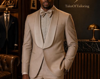Men’s Beige Shawl Lapel Tuxedo, Wedding Groom Formal Suit