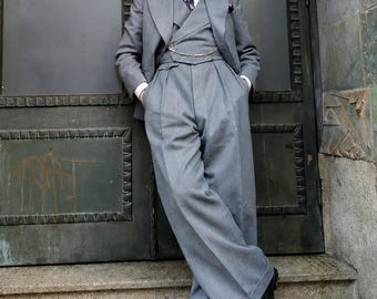 1930s Grey 3 Piece Suit | High Waisted Wide Leg Trousers, Classic Drape Cut Menswear