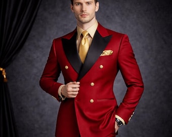 Men’s Red Double Breasted Suit | Black Peak Lapel Wedding Groom Formalwear