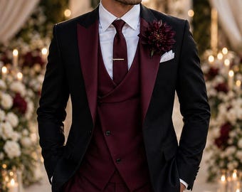 Men’s Black Burgundy 3 Piece Suit, Groom Wedding Outfit