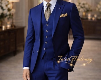 Terno azul royal para noivo, modelo formal sob medida, três peças, para recepção de casamento.