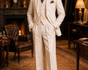 Ivoor 3-delig pak | Vintage outfit voor bruidegom uit de jaren 1920 | Klassiek crèmekleurig kostuum Old Money